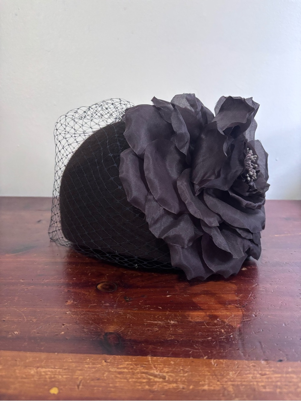 Vintage Chocolate Brown and Plum Veiled Pillbox Fascinator with Oversized Flower